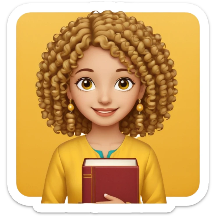 a pretty bratz girl with curly hair wearing a yellow kurti, eyeliner, jhumkas, carrying books sticker