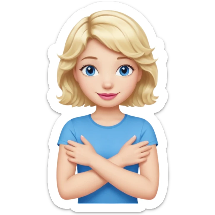 Girl Blonde short wavy hair,  blue eyes, cute blue top, long lashes, pink lips, smiling, making cross arms with arms  sticker