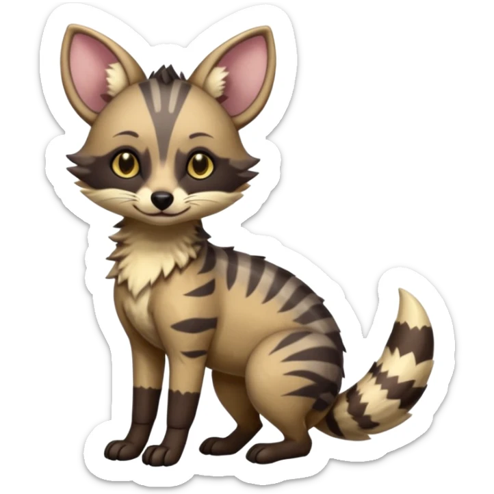 Cute adorable kawai Shiny Colorful Dusky Dark Gloomy Glossy Aardwolf-Genet-Bobcat-fusion-animal-hybrid-creature, full body sticker