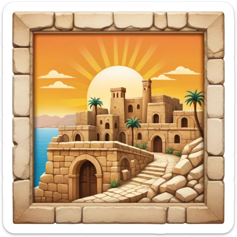 Cinematic Realistic Byblos Old City Landmark Emoji, depicted with ancient, weathered stone structures rendered with lifelike detail and nostalgic, warm lighting. sticker