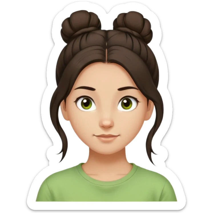 a girl with long dark brown hair with one high disheveled bun in light green t-shirt, a slight smile, dark brown eyes sticker
