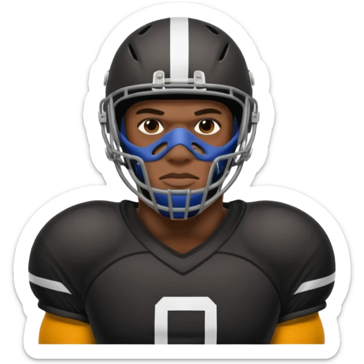 American black football player without a Helmet  and have  a goalkeeper mask which have small holes sticker
