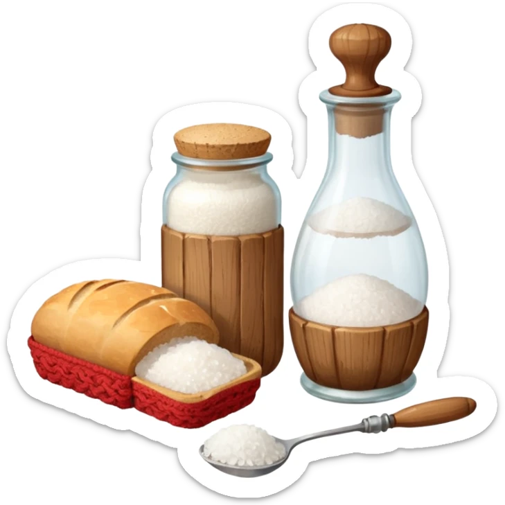 a one victorian bottle of salt and a loaf of bread - crochet needles and a ball of wool sticker
