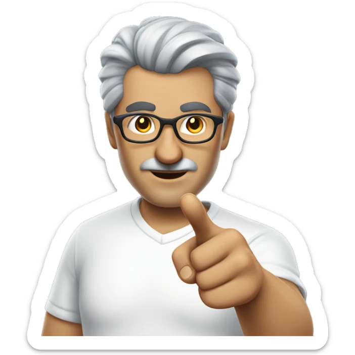turkish man with glasses and grey hair in a white t-shirt pointing a finger gun sticker