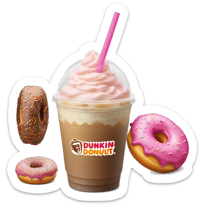 Realistic Dunkin Donut Iced Coffee with pink frosted donut with orange sprinkles sticker