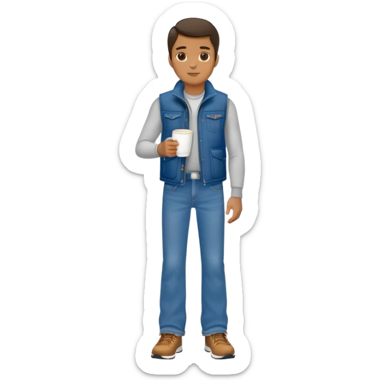 full body man with plain puffy vest with no pockets over long sleeved shirt wearing straight levi boot cut levi blue jeans with no cuffs and tennis shoes holding coffee mug in his hand sticker