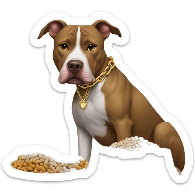 A dog pitbull with a big gold chain on that says “G-UNIT” and a bowl of dog food right next to the dog that says “G-UNIT” on the bowl  sticker