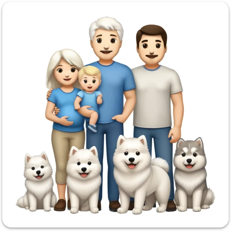 A family portrait in Apple iOS emoji style, featuring a dad, a mom, a 2-year-old baby boy, a fluffy white Samoyed dog, and a large Alaskan Malamute. All characters are smiling and standing close together in a warm, happy scene. sticker