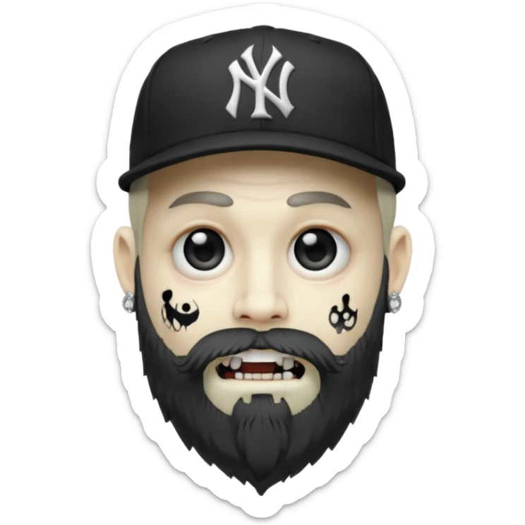 Hazme un zombie con barba en la barbilla el emoji que esté en blanco y negro osea la foto que tenga aretes pequeños una gorra volteada de los new York yankee y una cadena de diamantes que diga W sin barba sticker