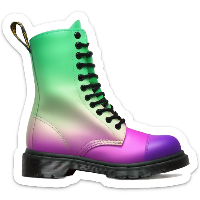 Realistic isolated top view of a pair of black,pistachio green,mint green,emerald green,purple and pink ombre Dr.Martens Combat Boots. sticker