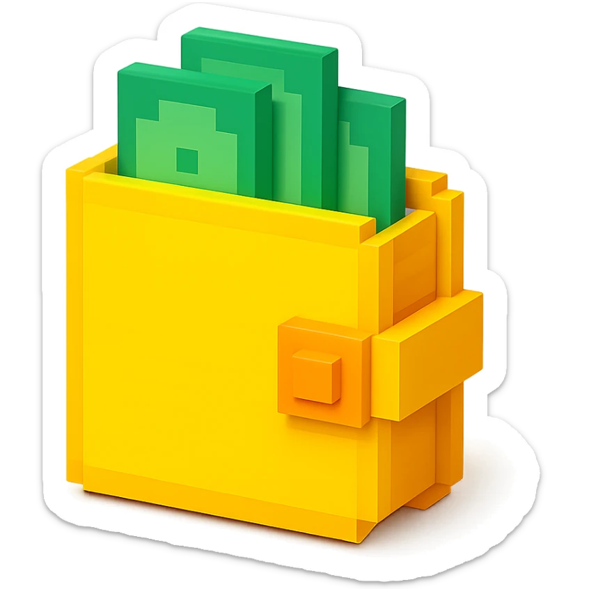 3D voxel style icon of a wallet, blocky and geometric, with a sense of depth and shading sticker