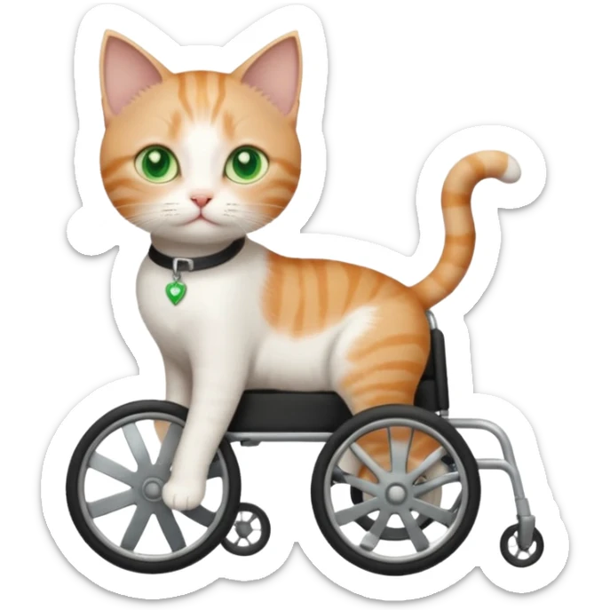 full body small short hair ginger and white cat with green eyes walking in a wheelchair for cats sticker