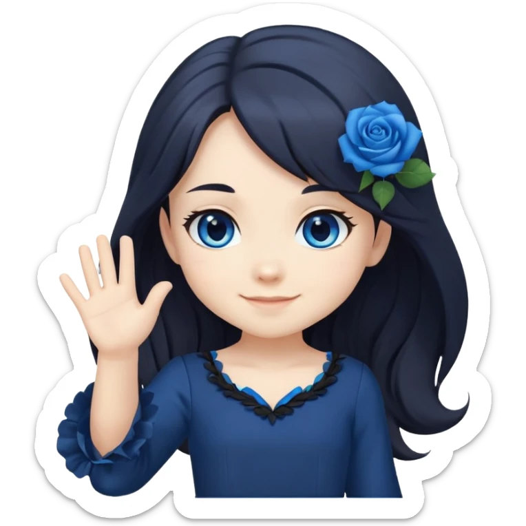 chibi girl with long dark hair, blue rose in hair, blue eyes, black dress, friendly smile, waving sticker