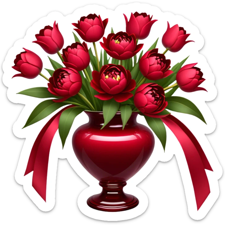 "An exquisite floral arrangement in a deep red glass vase, filled with velvety red peonies, classic roses, and striking tulips, accompanied by silky pearl-colored ribbons that drape gently over the surface." sticker
