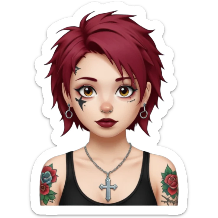 generate an ios genmoji of a girl with dark red messy hair with eyeliner on, septum piercing, wearing a cami black top, has tattoos, ear piercings, wearing a cross silver necklace sticker