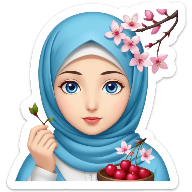 Turkish beautiful finish Konya girl blue eyes with hijab islamic dress and had on her hand cherry blossom sticker