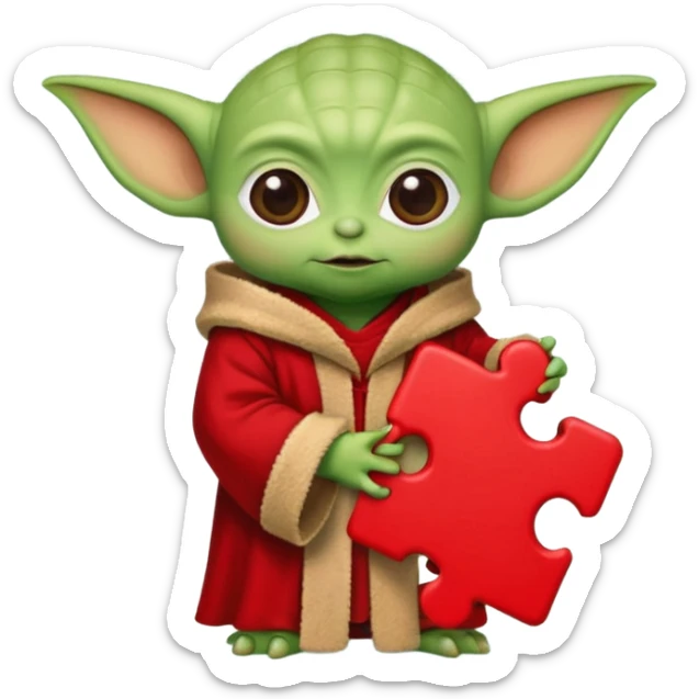 Baby Yoda sosteniendo una pieza de rompecabeza color rojo que diga Valores sticker