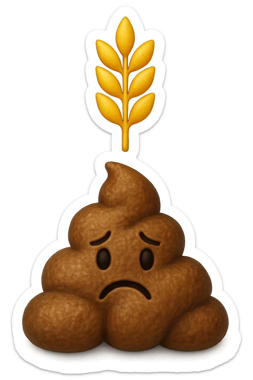 emoji stile iphone di una montagnetta di feci umane realistiche a palline tristi con sopra un simbolo del grano, iperrealistico 4k sticker