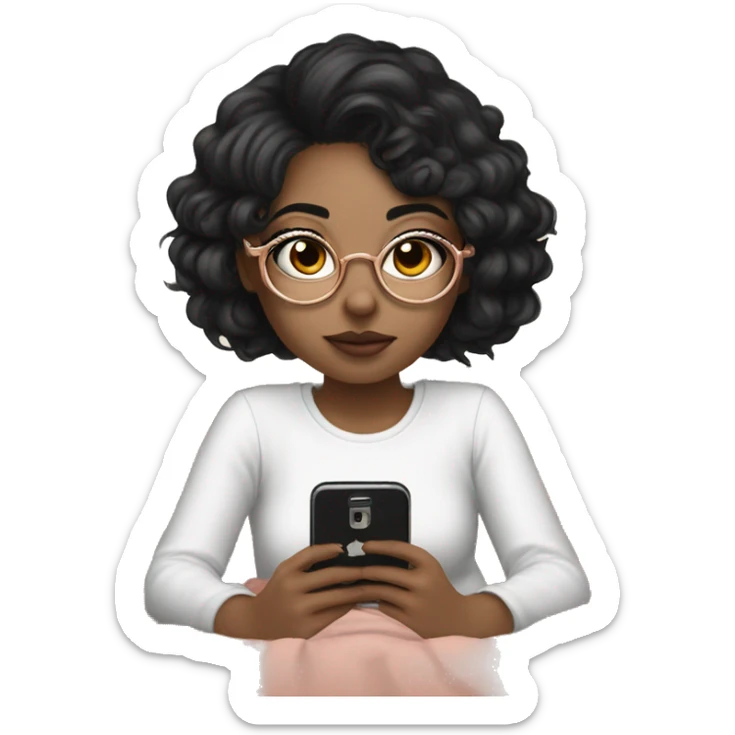 a fair-skinned girl wearing round rosegold glasses, layer blackhair playing with her cell phone with a faint smile in bed sticker