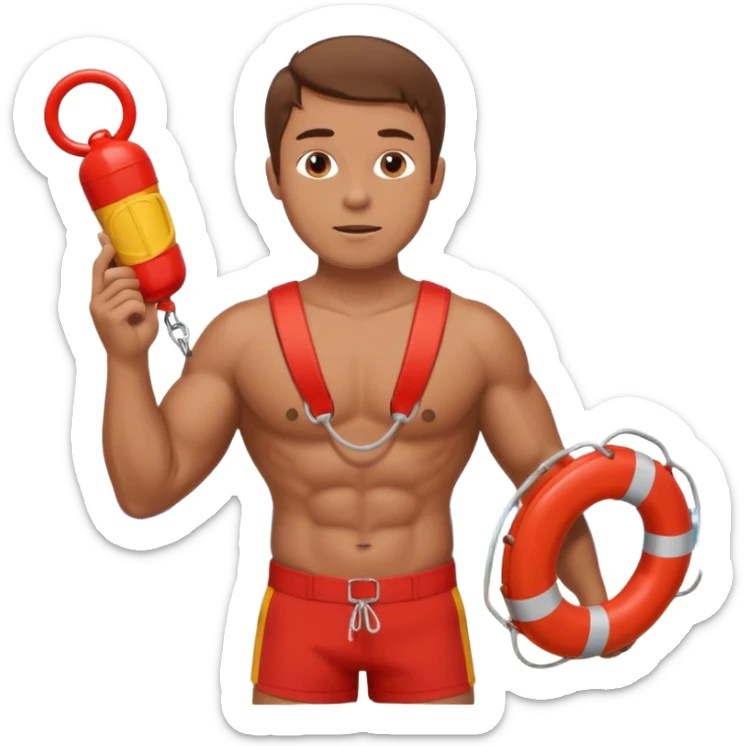 Muscular lifeguard man on beach with rescue buoy and whistle brown hair sticker