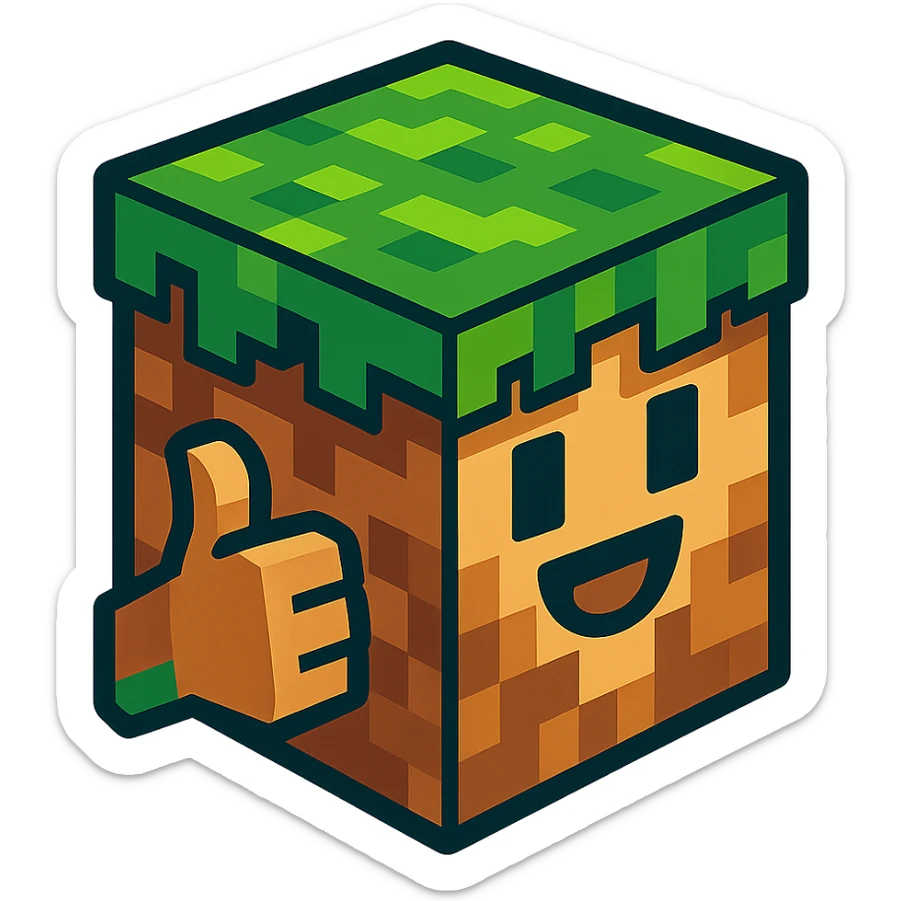 Minecraft support emoji, vibrant toon style, blocky, green and brown colors, inspired by Minecraft game sticker
