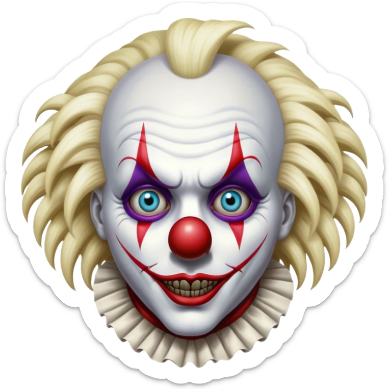 Extremely detailed image of a creepy and terrifying clown, each lash, eye, and hair is shown in stunning detail as though captured in a timeless photograph, rich textures, visually rich, so lifelike that it feels like it could leap off the page at any moment sticker