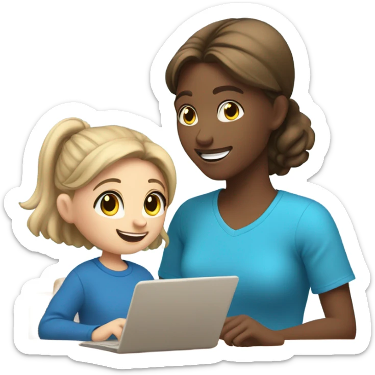 One Little Girl, white skin, bronze hair, smile, tutor, bright blue t shirt, icon  sticker