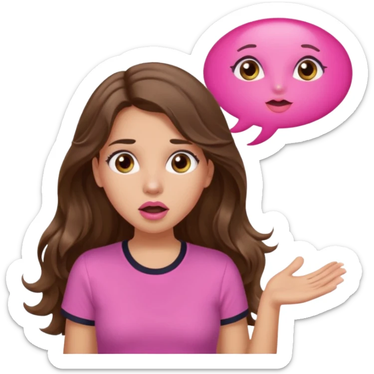 girl with long wavy brown hair, brown eyes, light to medium complexion, in a pink shirt, pink lips, long lashes, surprised, wow bubble sticker