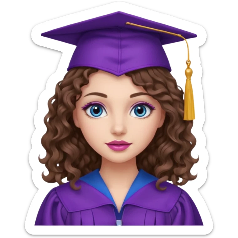 girl with curly and long wavy brown hair, blue eyes, long lashes makeup, sexy pink lips, wearing a purple graduation cap and gown sticker