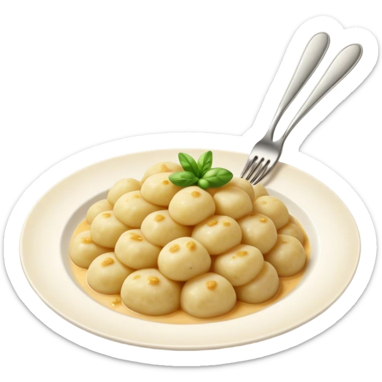 Gnocchi Cinematic Realistic Gnocchi Dish Emoji, depicted as tender potato dumplings garnished with iconic fork marks on top, rendered with soft textures and warm, inviting lighting. sticker