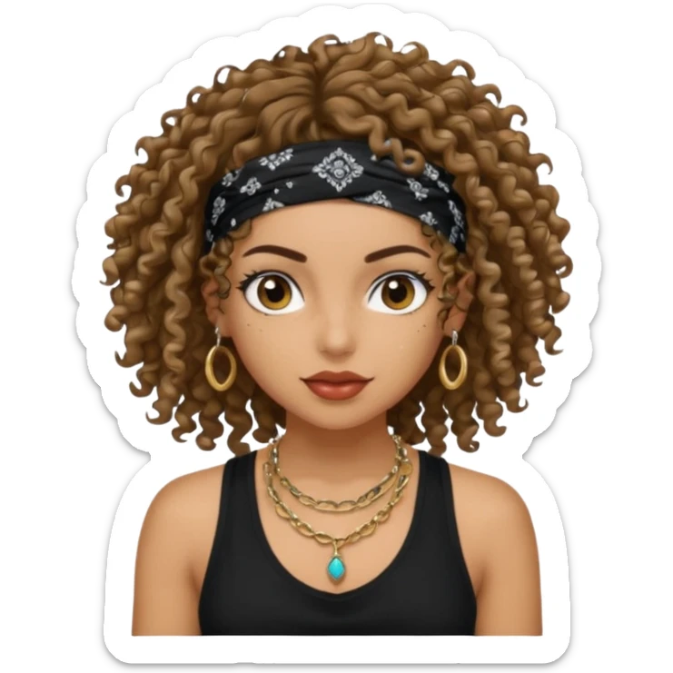 Baddie girl with black  tank top curly hairss and bandana and jwellery sticker