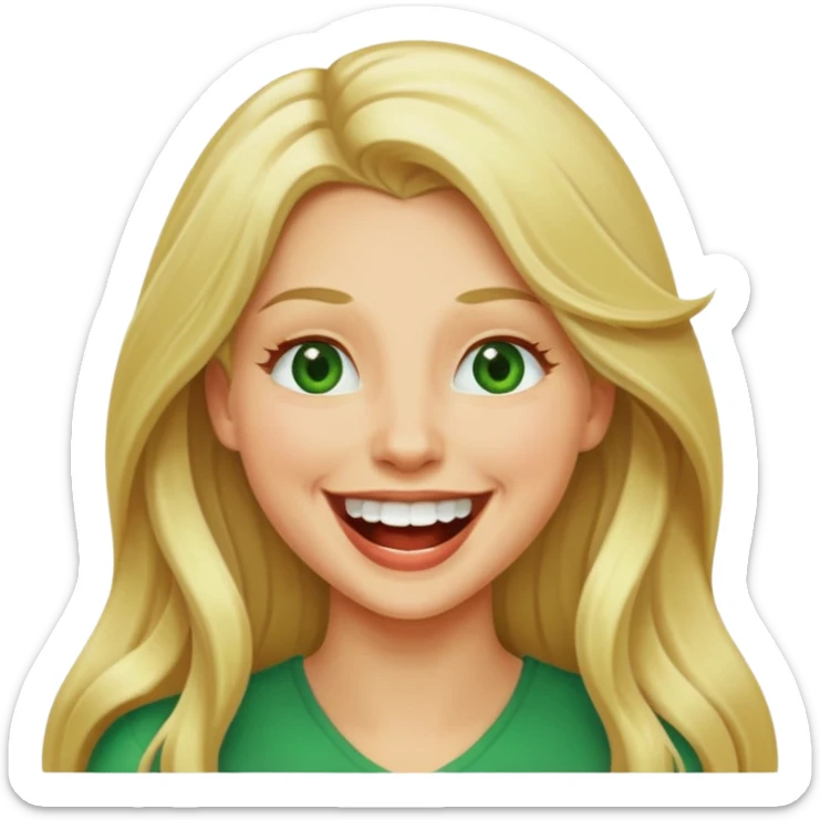 blonde with long hair and green eyes, laughing, iOS Apple emoji style sticker
