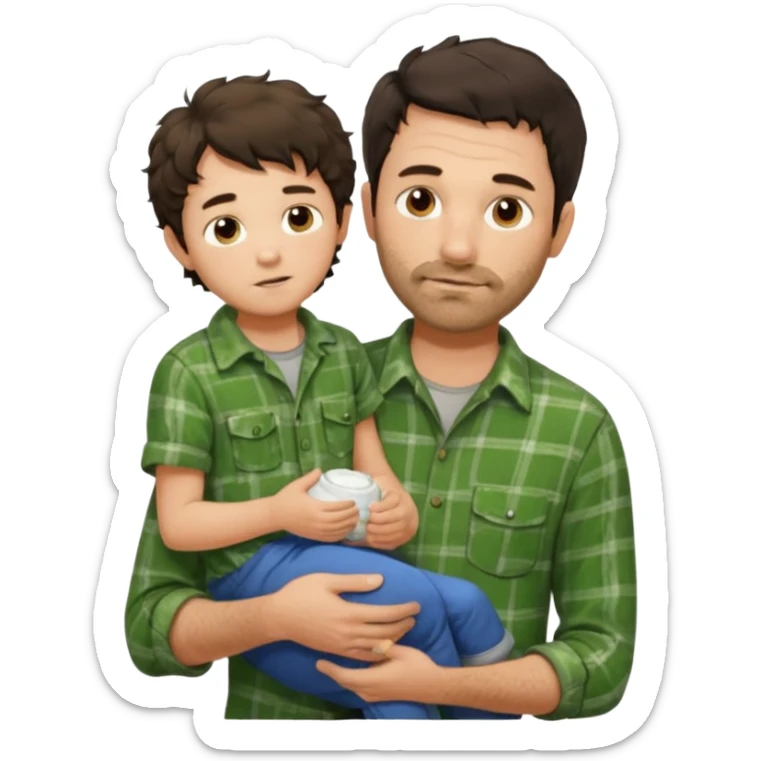 A father with messy medium-length dark hair and light stubble, wearing a green flannel shirt. He holds his one child who has short curly brown hair and a cream-colored romper. Cozy warm lighting, authentic family moment. sticker