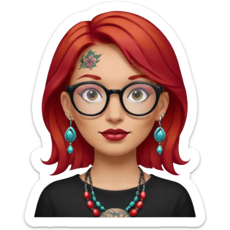 red hair woman with extra  big earring and face tattoed and wearing big glasses sticker