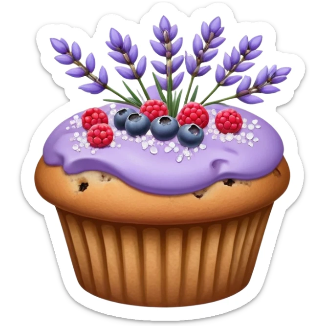 Lavender flower sprigs on a muffin with berries and sugar crystals no frosting  sticker