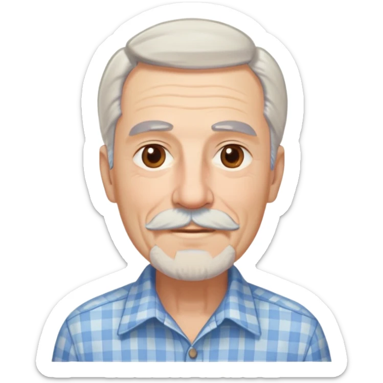 Man in his 70s with fair skin and gentle wrinkles. Long face with warm smile. Soft light brown eyes. Thin gray eyebrows. White goatee beard connected to mustache. Straight white hair combed back, longer on sides. Wearing a light blue and beige checkered button-up shirt. sticker