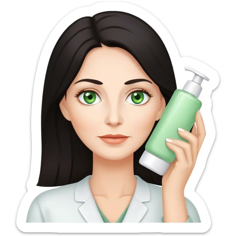 50 year old woman doing skincare, white skin dark hair, green eyes sticker