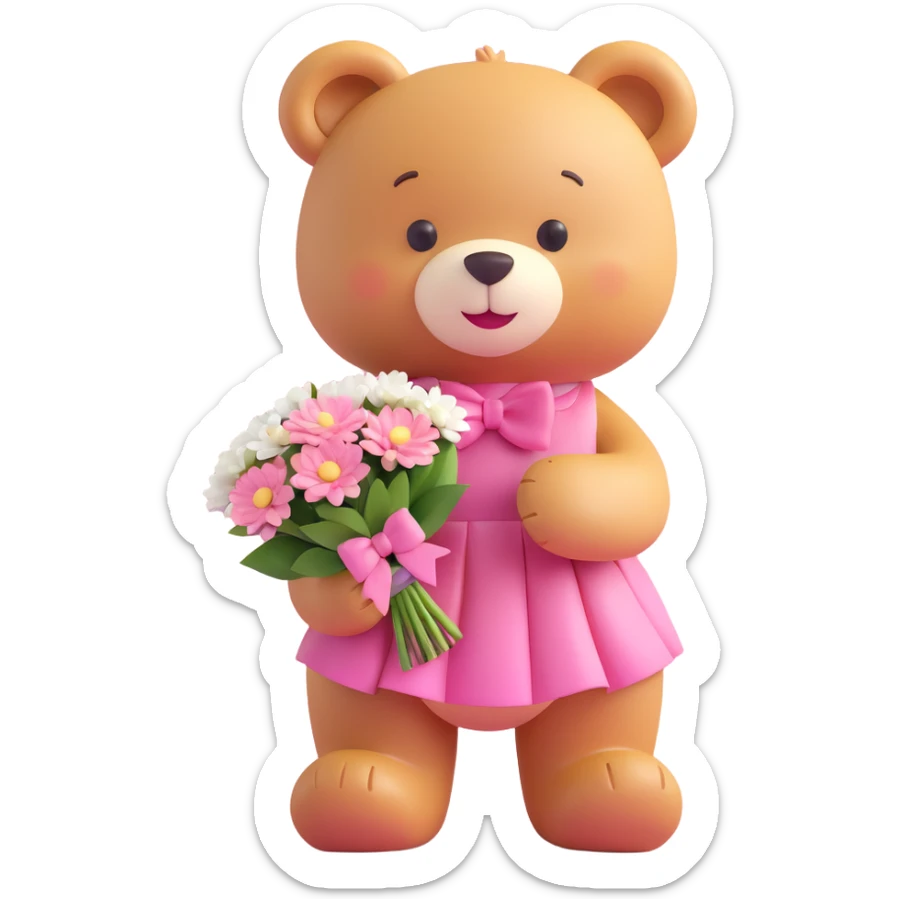 A cute teddy bear with a pink bow on its head, holding a bouquet of white flowers, in a 3D iOS Disney style, with a soft pink background and hearts floating around, wearing a pink dress, a big smile, and a cute blush on its cheeks. sticker