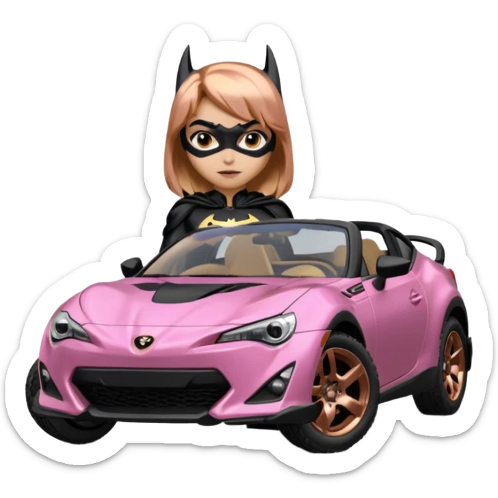 Relaxed adult Batgirl’s full reality crime fighting themed Satin black and rose gold painted Scion FR-S pursuit vehicle hot rod off road capable  sticker