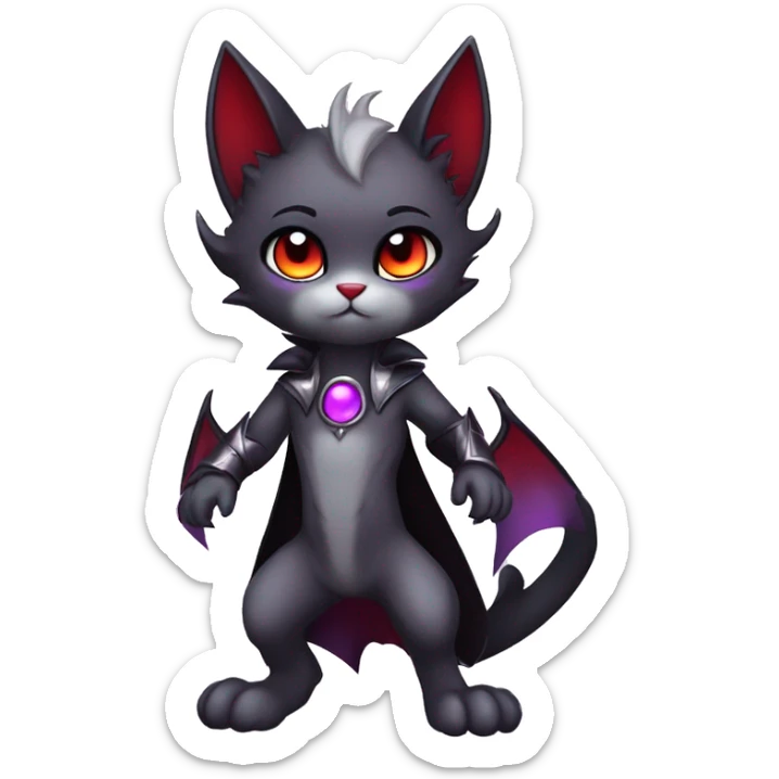 Anthro-Cute-Edgy-Vampiric-Batty-Cat-Black-Purple-Red-Grey-White-Contrast-Colors-Fantasy-Fur-Sona-Chibi-Shiny-Fakémon-Hybrid with horns full body sticker