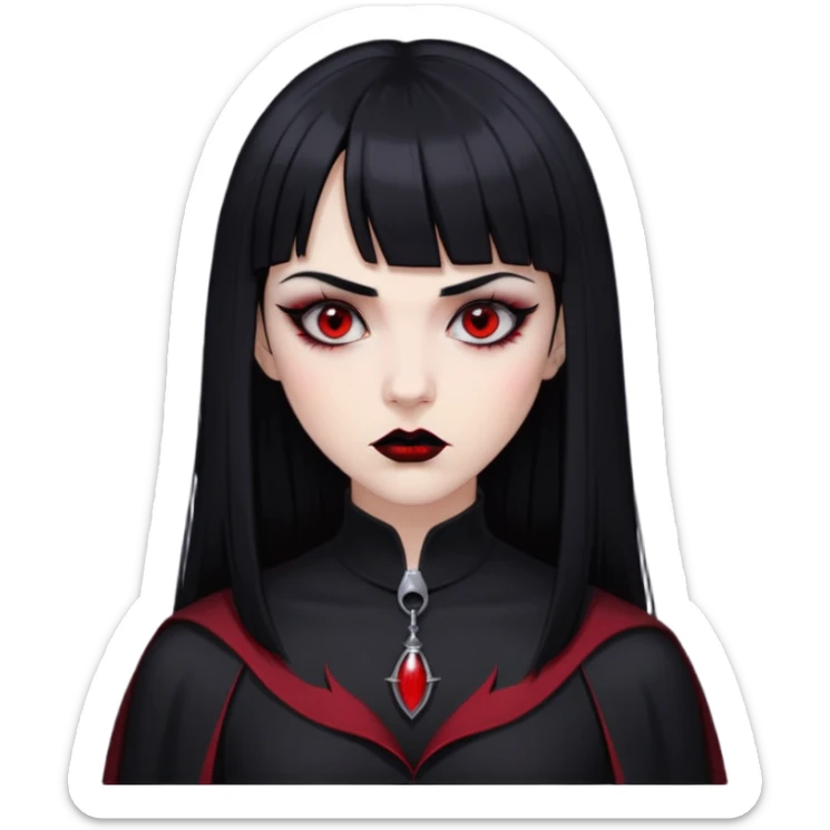 pale woman with black long straight black hair red sleepy eyes with black eyeliner black lipstick vampire teeth straight short bangs serious expression with thin black eyebrows nose piercing black clothe  sticker