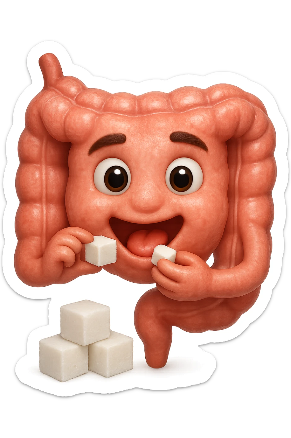 emoji stile iphone di un intestino anatomico che mangia zollette di zucchero, iperrealistico 4k, isolato su sfondo bianco sticker
