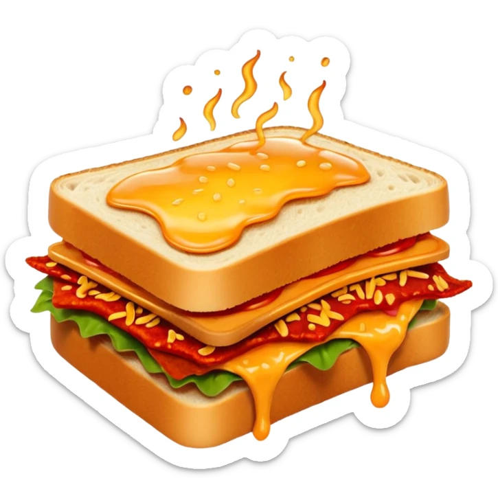 extra spicy sucuk sandwich object icon, crispy toasted bread, lots of spicy sucuk slices, dripping melted cheese, hot chili sauce, red pepper flakes, spicy steam effect, 3D cartoon, mobile game icon style, clean background, no text, no watermark
 sticker
