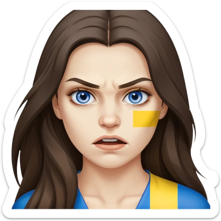 Brunette woman with long hair, Ukrainian flag (blue and yellow) painted on her cheek, angry expression sticker