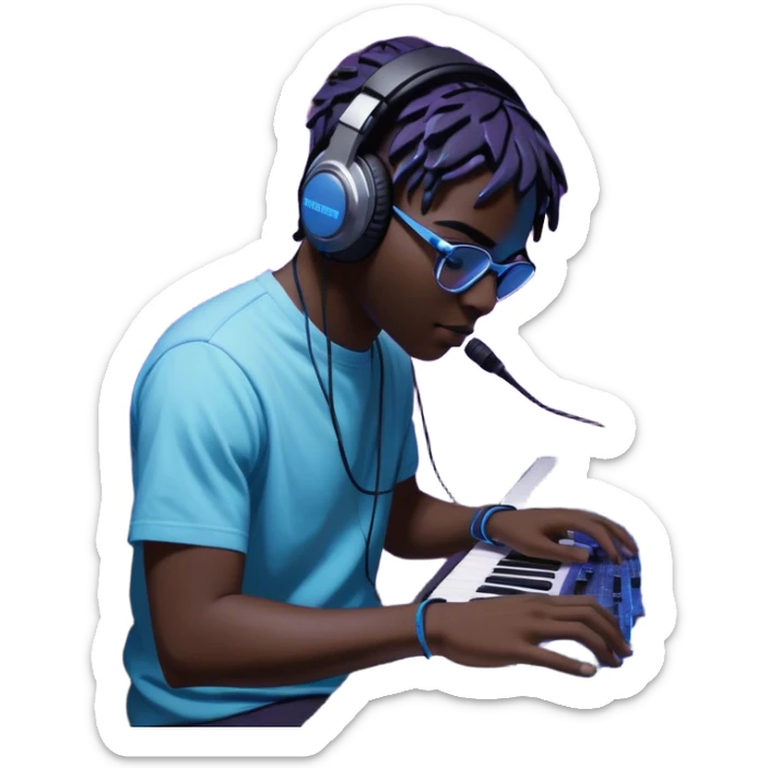 Create a professional and artistic emoji that represents sound design. The design should feature essential sound design equipment, including a high-end Korg synthesizer, a sound mixing console with visible wires, large studio speakers, and a microphone. Surround the equipment with flowing, abstract sound waves and musical notes to symbolize the fluid, creative nature of sound design. Add subtle effects like glowing sound frequencies or swirling patterns to represent the dynamic manipulation of sound. Use sleek, modern colors like black, silver, neon blue, and purple to evoke a sense of innovation and artistic exploration. The background should be transparent. sticker