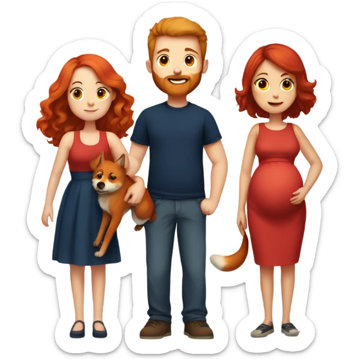 Girl with red hair wearing red dress, holding tummy pregnant, with a boy who is tall, navy shirt with short beard, holding a fox looking dog sticker