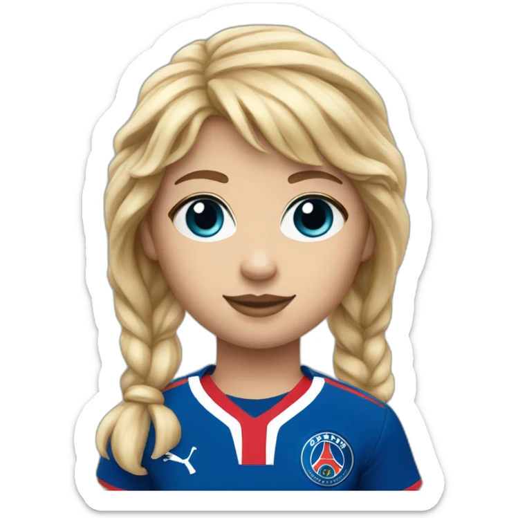 Blonde fringe girl, blue eyes, a 1980 PSG jersey and a baguette sticker