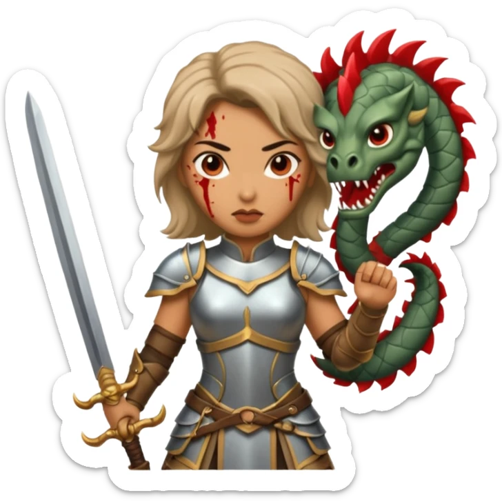 Fierce Latina in armor with a sword after a battle cutting off the head of a hydra sticker