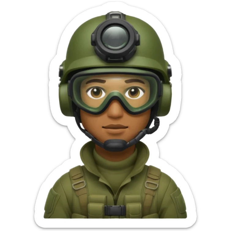 male modern soldier in green upgraded equipment, helmet, mask, and night vision goggles, cool and brutal sticker