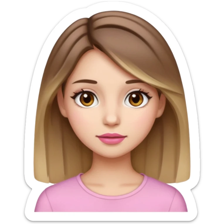 A girl with fair skin, wide brown eyes, medium-length brown hair with blonde highlights, light blush on the cheeks, and pink lipstick, in emoji/cartoon style sticker
